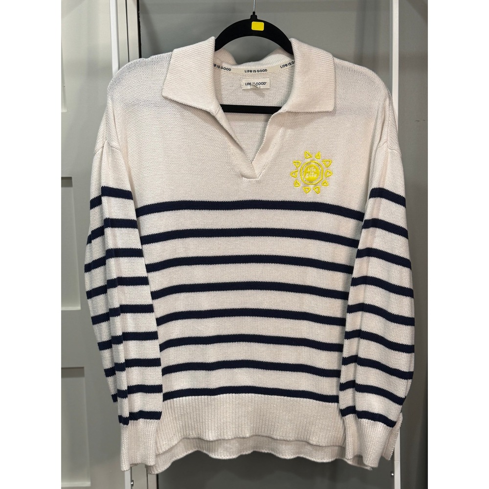 Life is Good Womens Cream‎ Navy Striped Sun Logo Polo Collar Sweater L Nautical